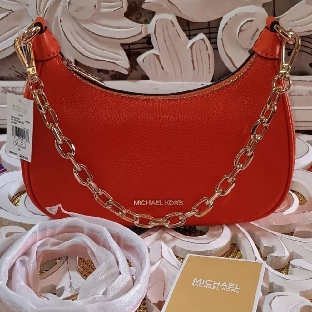 NEW! MICHAEL KORS CORA MEDIUM ZIP POUCHETTE CROSSBODY w/MK LOGO POPPY